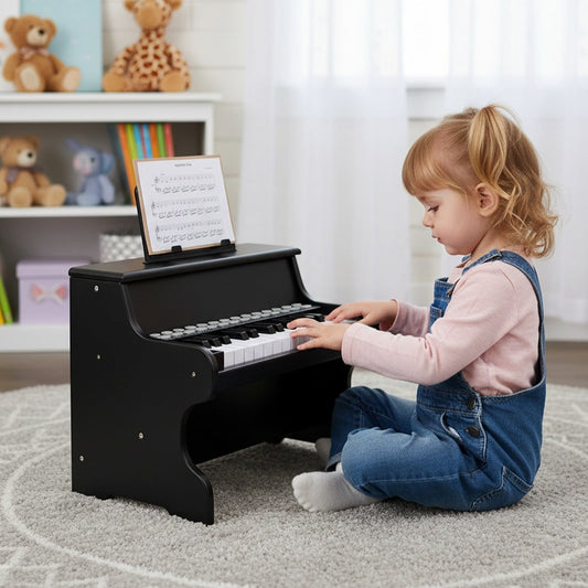 Wooden Kids Piano Keyboard 25 Keys Digital Piano with Music Stand Music Learning Gift for 3+ Kids-Black