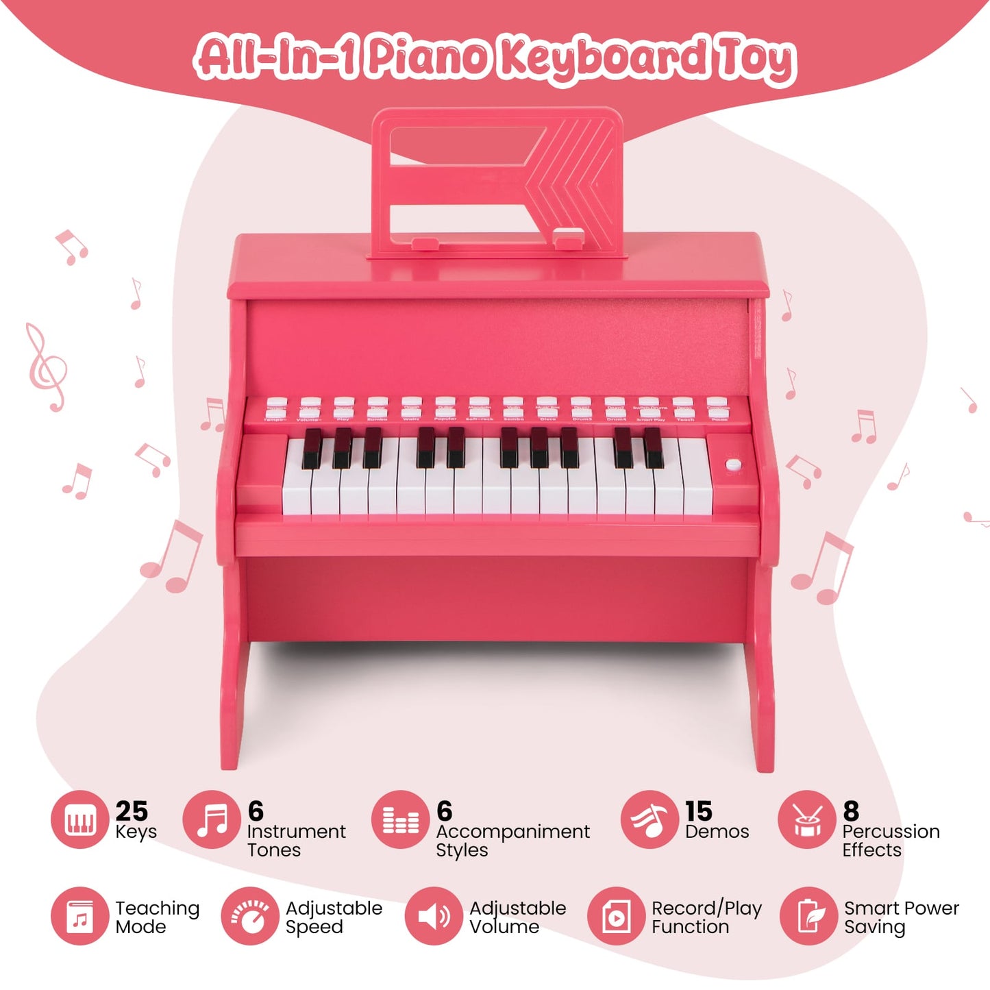 Wooden Kids Piano Keyboard 25 Keys Digital Piano with Music Stand Music Learning Gift for 3+ Kids-Pink