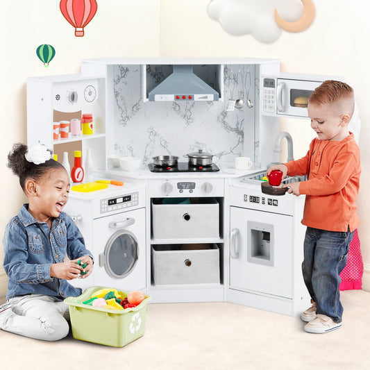 Wooden Kids Play Kitchen Corner with Lights and Water Circulation System-White