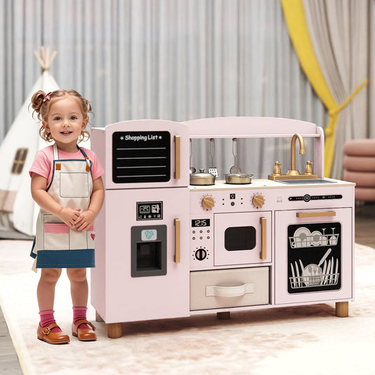 Wooden Kids Play Kitchen with Ice Maker and Fabric Drawer-Pink