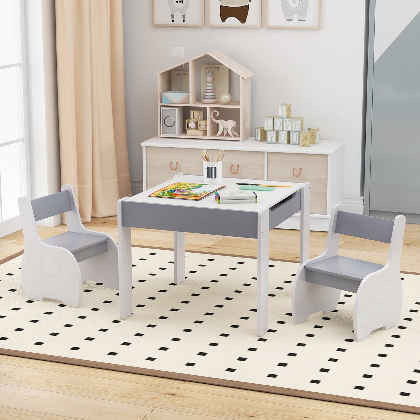 Wooden Kids Table and Chair Set with Hidden Storage-Gray & White