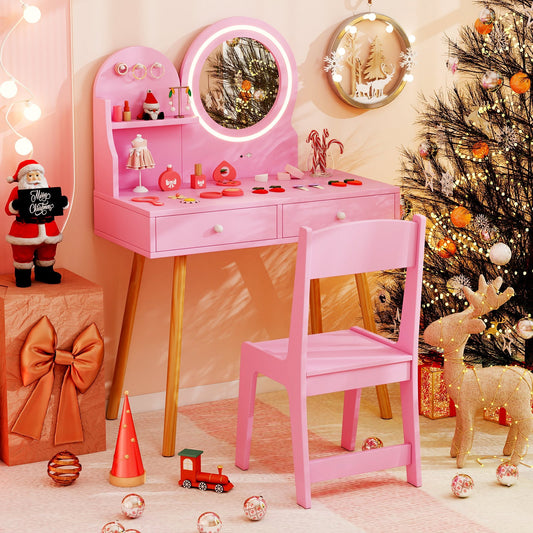 Wooden Kids Vanity Set with Lighted Mirror, Hooks and Storage Drawers-Pink
