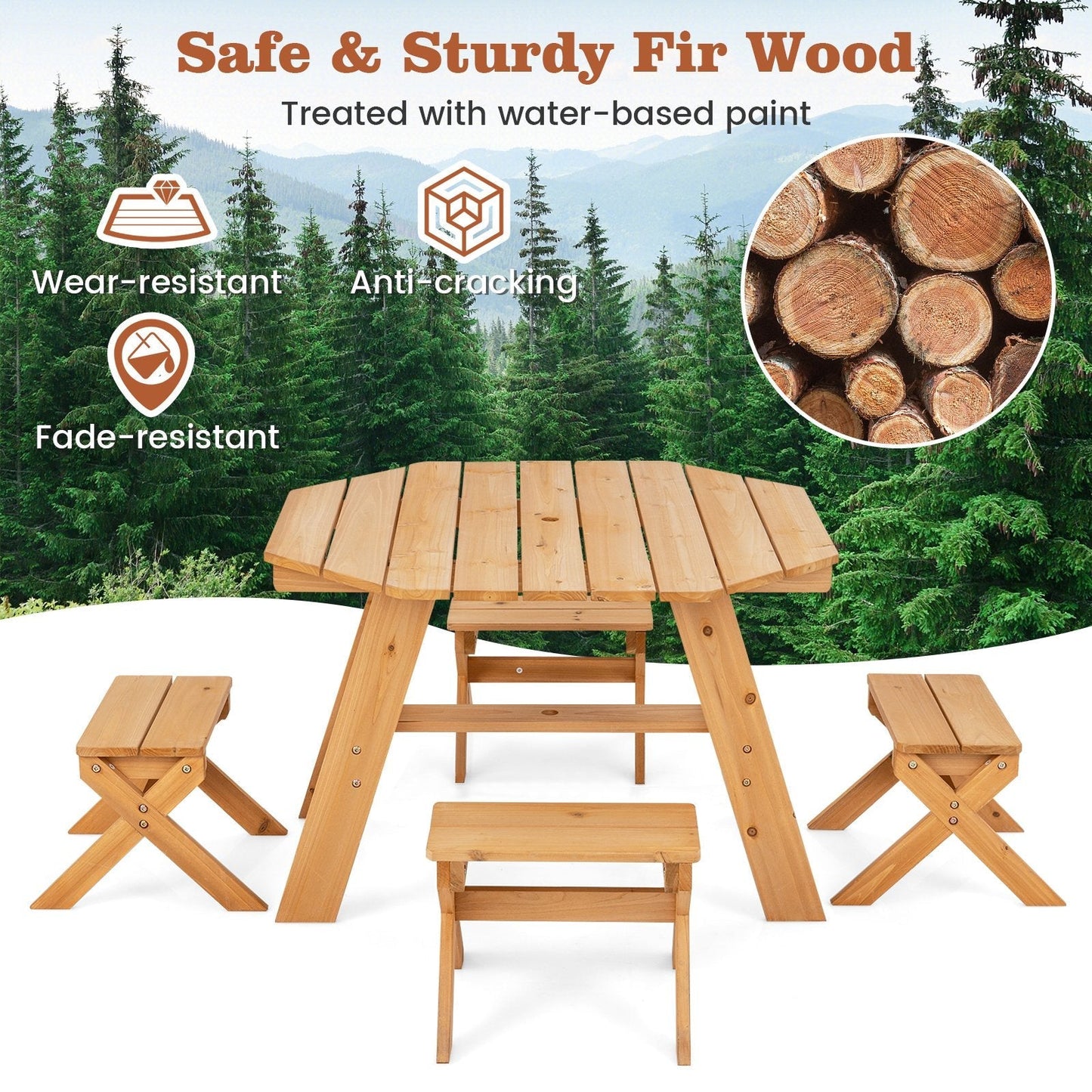 Wooden Kids Picnic Table Set with 4 Chairs and Adjustable Umbrella-Natural