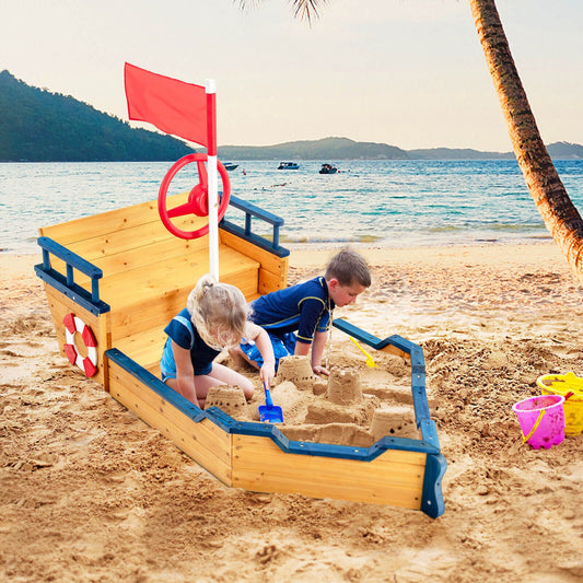 Wooden Pirate Sandboat with Bench Seat and Flag