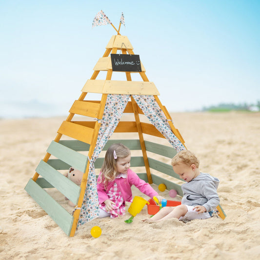 Wooden Play Tent Kids Teepee Tent with Door Curtains for Children 3-8 Years Old