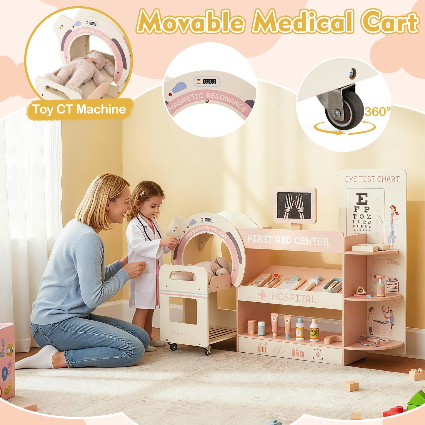Wooden Pretend Hospital Office Kit with Eye Chart and Toy CT Machine-Pink