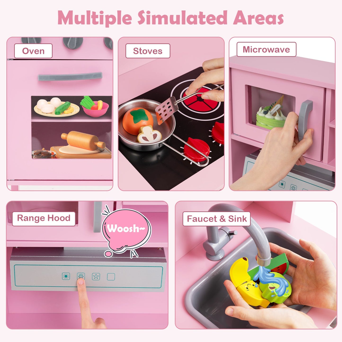Wooden Kids Play Kitchen Set with Microwave Stoves Oven-Pink