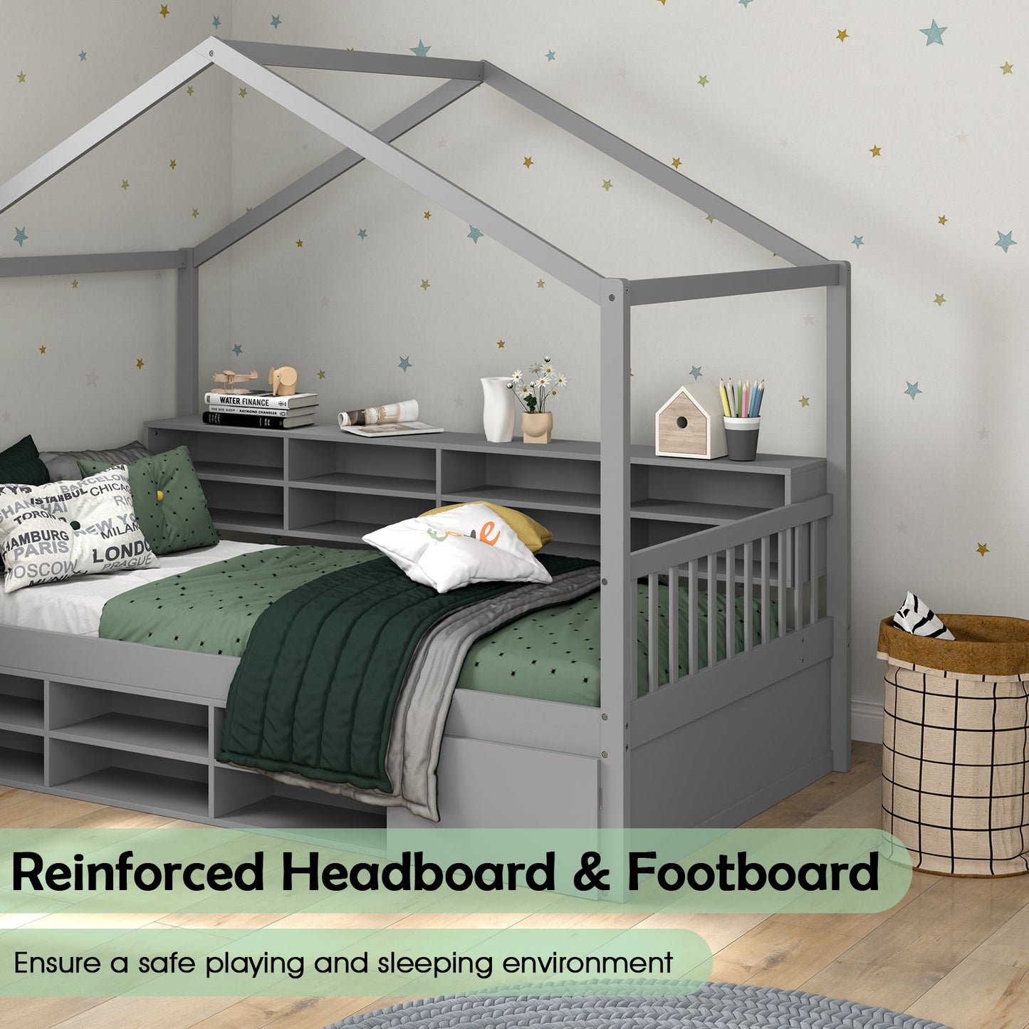 Wooden Single Size House Bed with Roof and 14 Storage Cubes-Grey