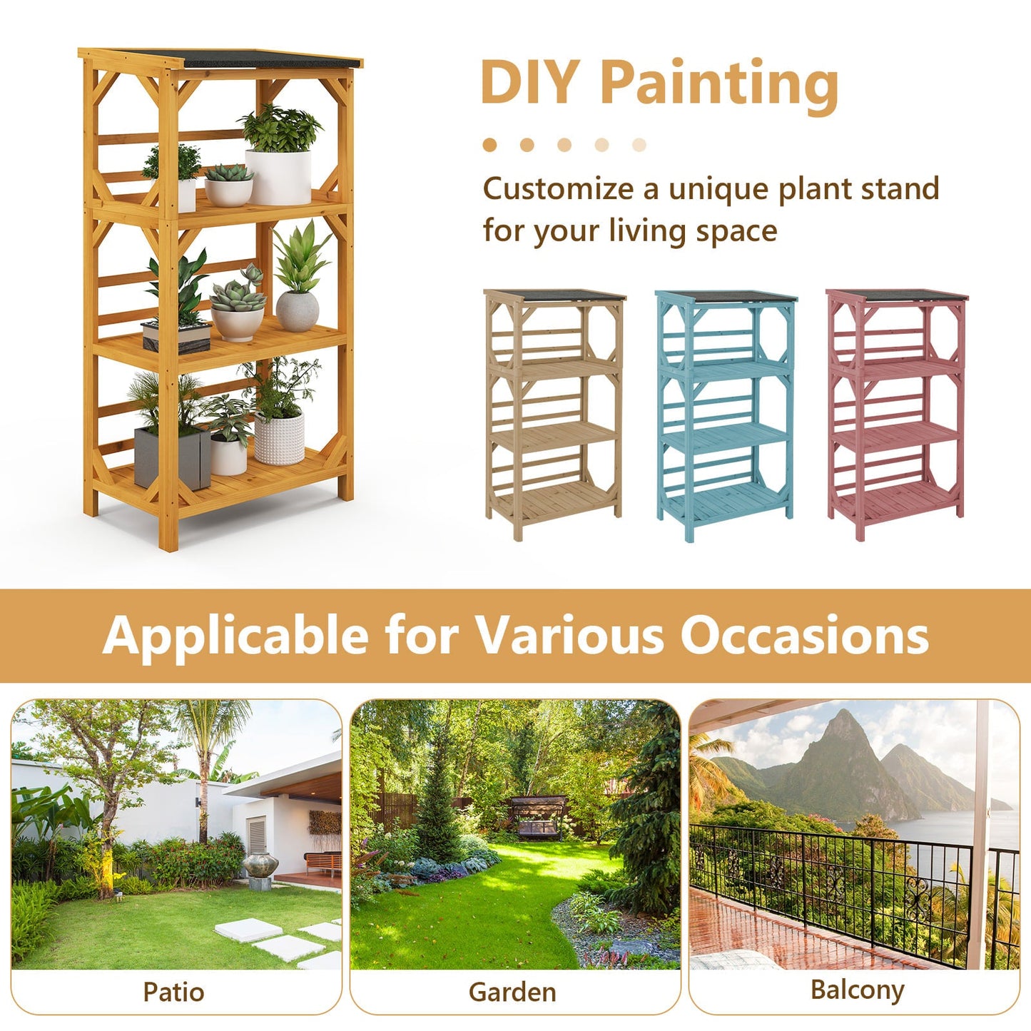 137CM 3-Tier Garden Plant Stand with Weatherproof Asphalt Roof-Natrual