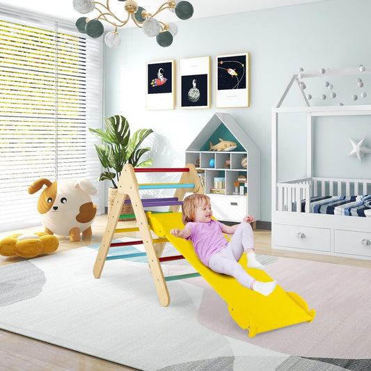 Wooden Triangle Climbing Ladder Set with 2-in-1 Reversible Ramp-Multicolor