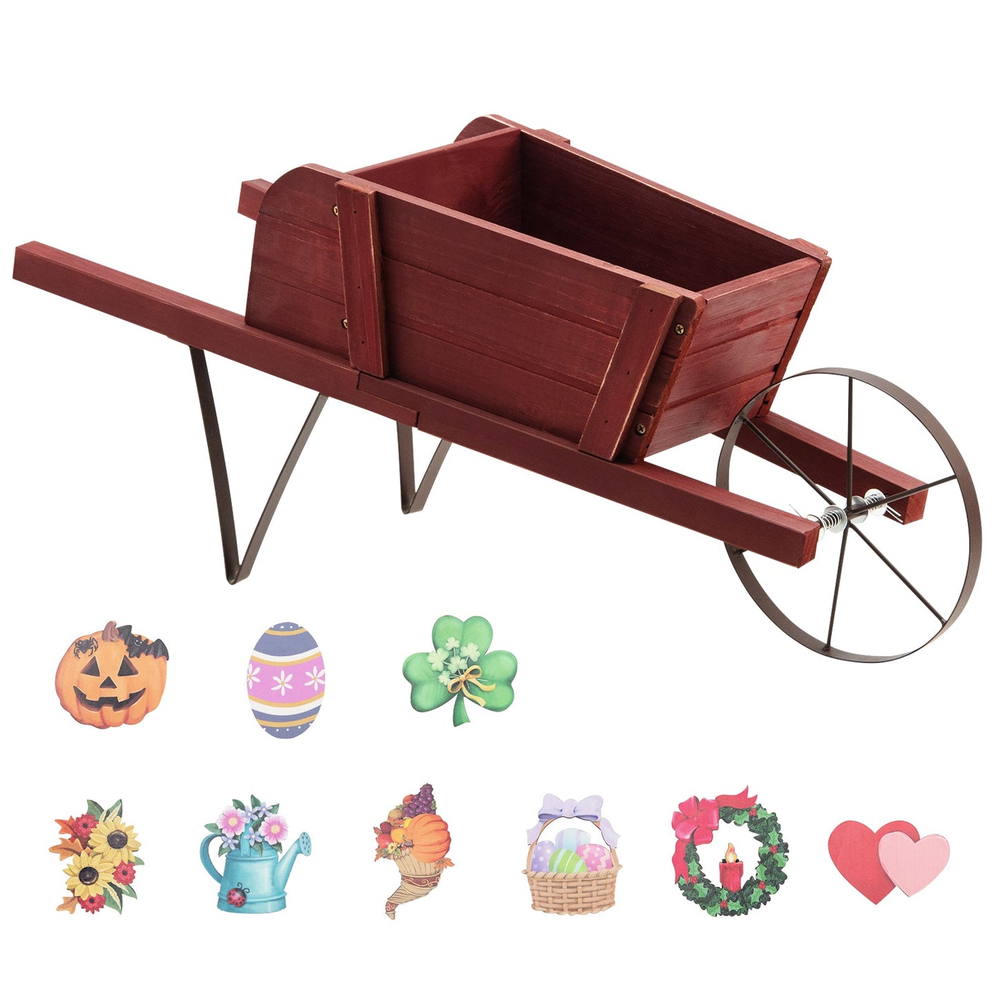 Wooden Wagon Planter Stand Wheelbarrow Flower Cart Garden Decoration-Red
