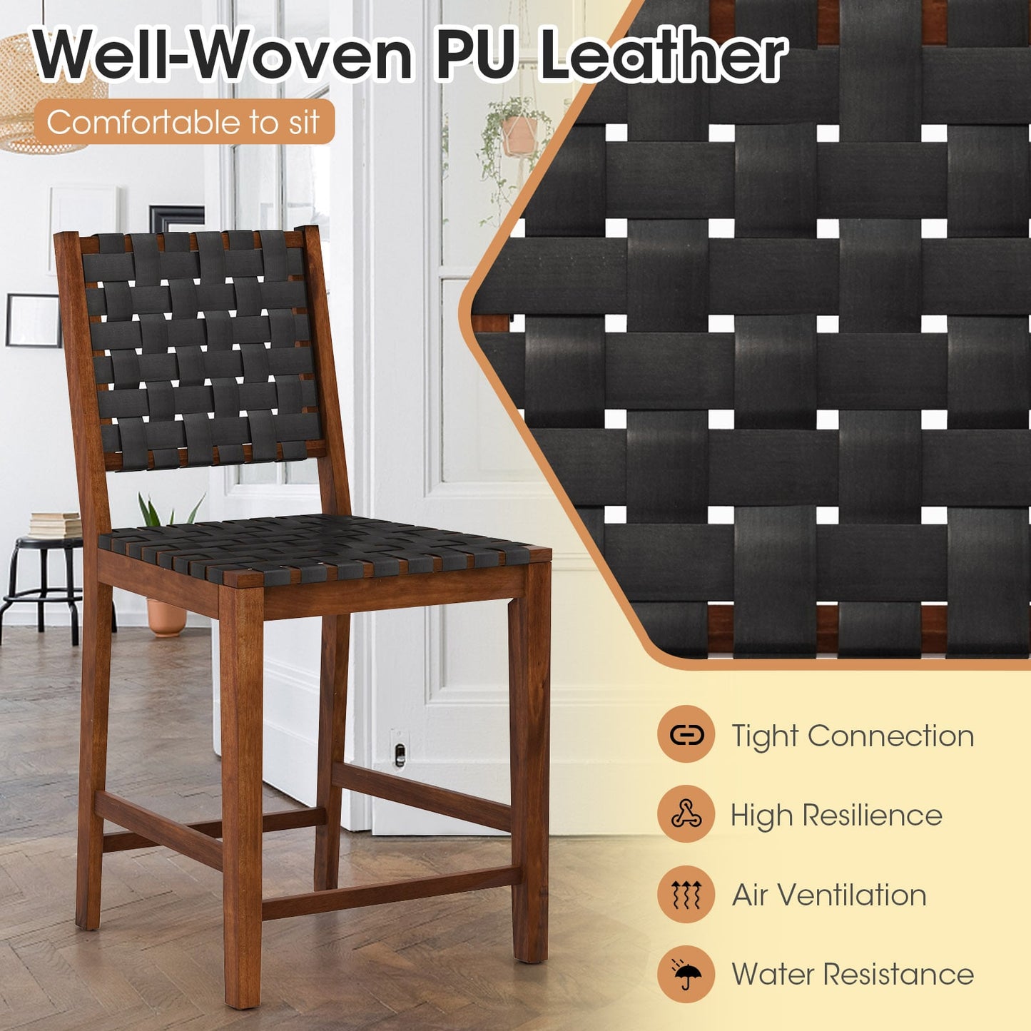 Woven Bar Stools Set of 4 with Faux PU Leather Straps-Black