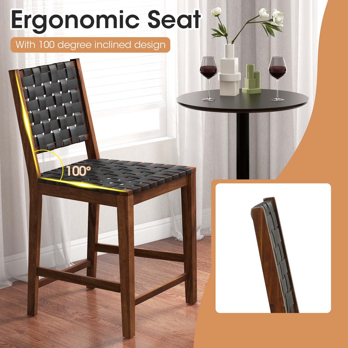 Woven Bar Stools Set of 4 with Faux PU Leather Straps-Black