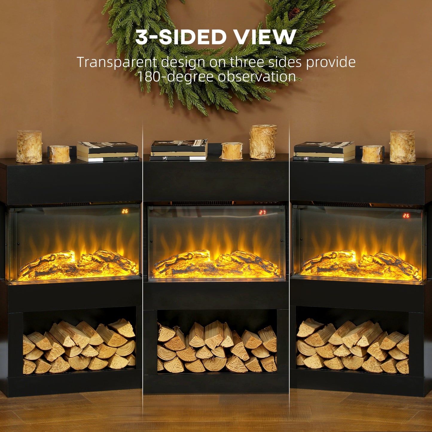 HOMCOM 19" Electric Fireplace with Surround, 3D Flame Effect, 6 Colours & 3 Brightness Levels, 1000W/2000W Black Electric Fire and Mantel Reach up to 30㎡ Space with Remote & Timer, 3 Sided View