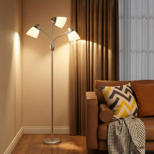 HOMCOM Arc Tree Floor Lamp with 3 Adjustable Rotating Lights, Industrial Standing Lamp with Steel Frame, Silver Tone