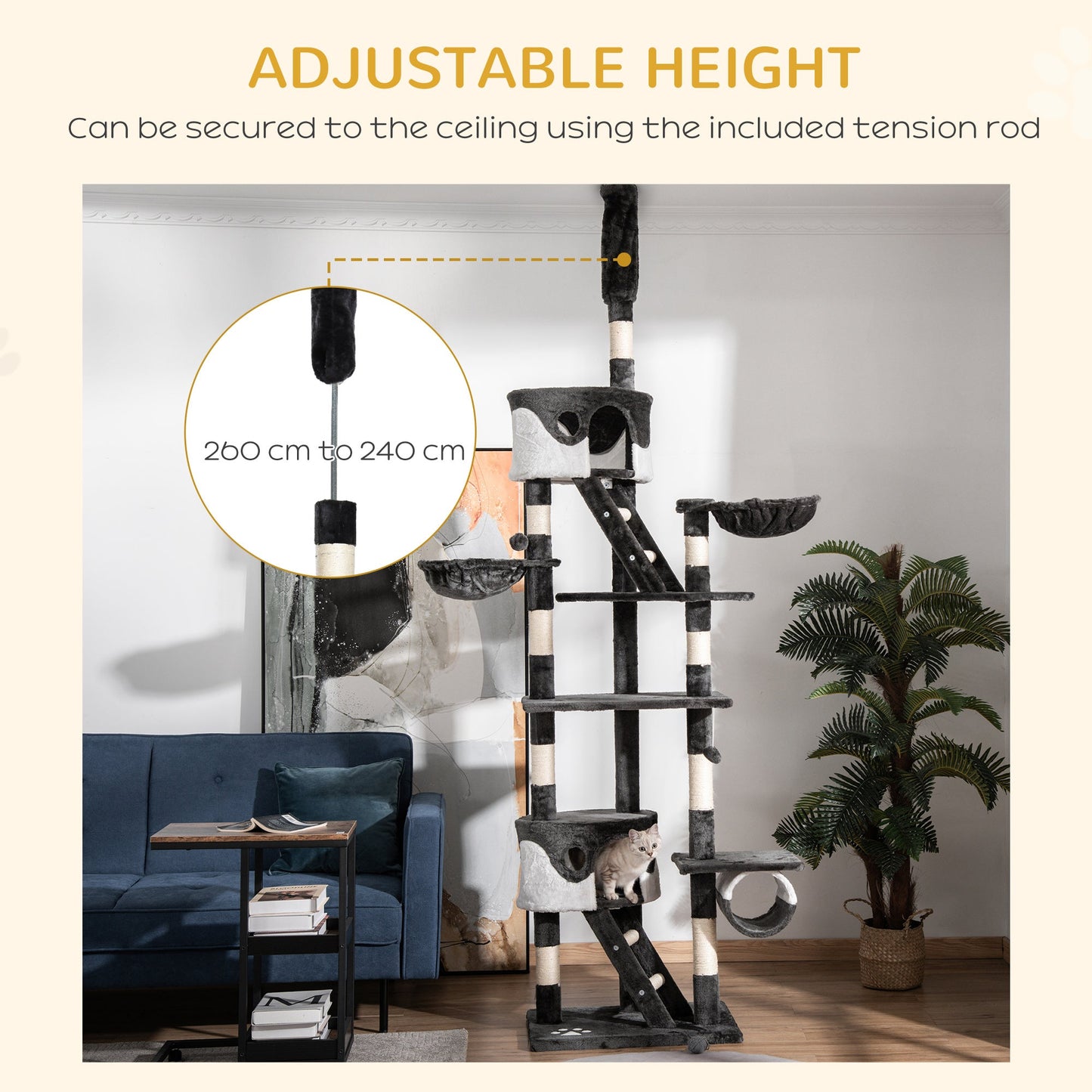 PawHut Floor-to-Ceiling Cat Tree for Indoor Cats, 240-260cm Adjustable Cat Tree - White
