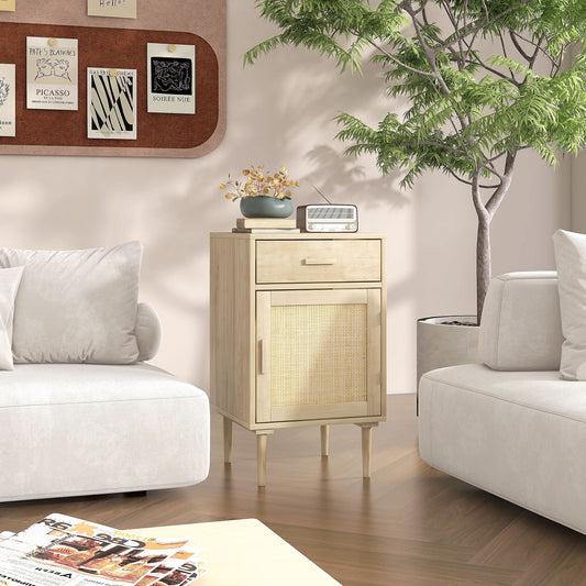 HOMCOM Bedside Table, Rattan Side Tables with Drawer, Cabinet and Adjustable Shelf, Boho Bedside Cabinet with Storage for Bedroom, Living Room, Natural Wood Effect