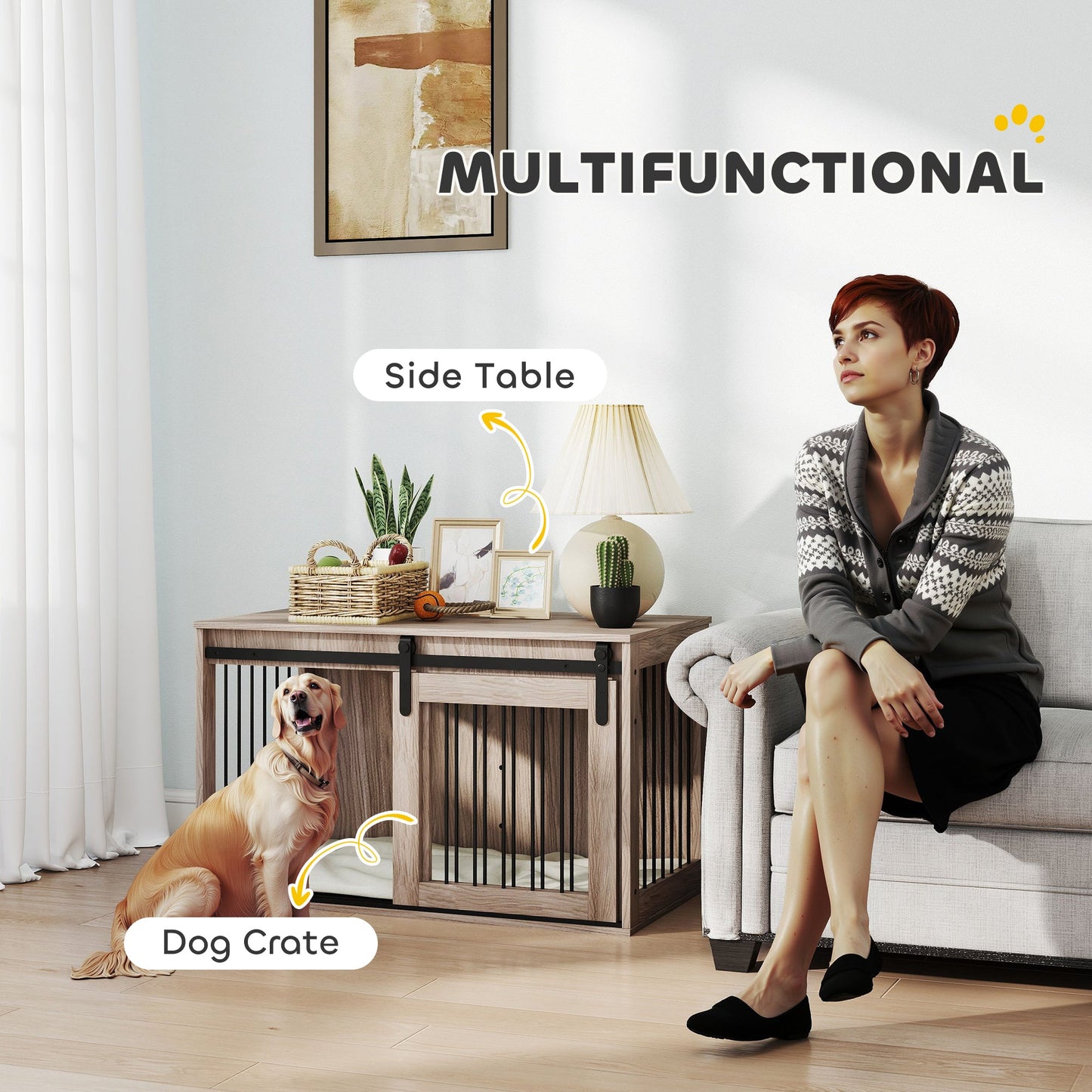 PawHut 98cm Dog Crate Furniture with Removable Cushion for Large Dogs - Brown