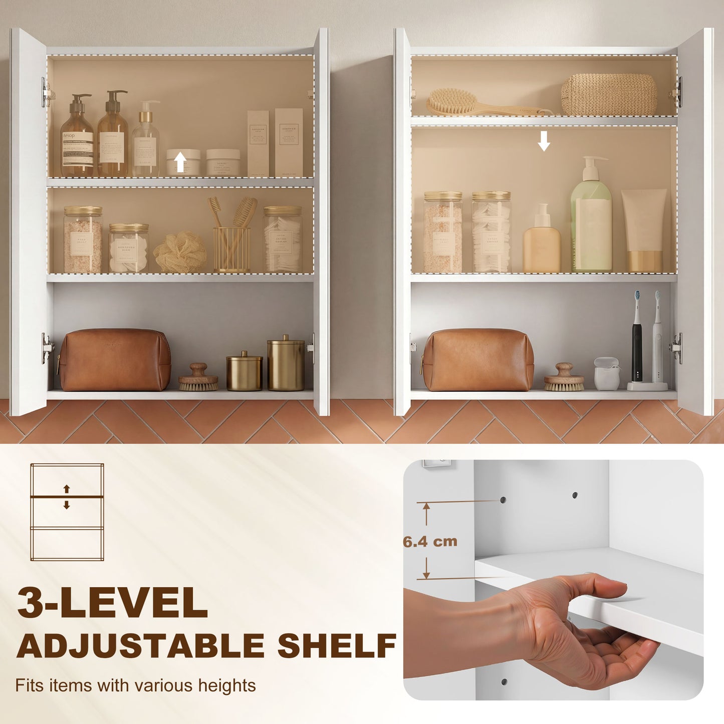 HOMCOM Wall Mounted Bathroom Mirror Storage Cabinet w/ Door Adjustable Shelf, White