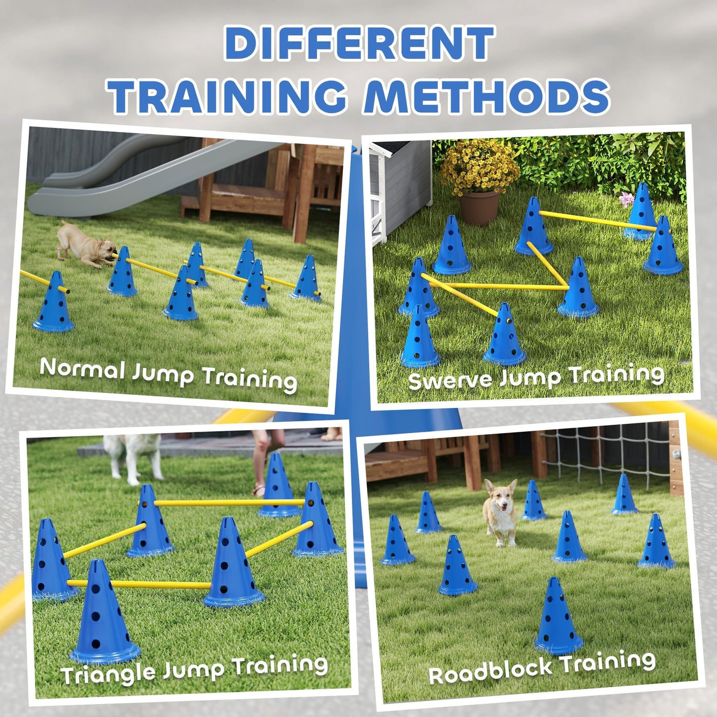 PawHut Dog Agility Equipment Set of Eight Cones, Eight Poles w/ Carry Bag, Four-Piece Adjustable Height Jumping Obstacles Blue
