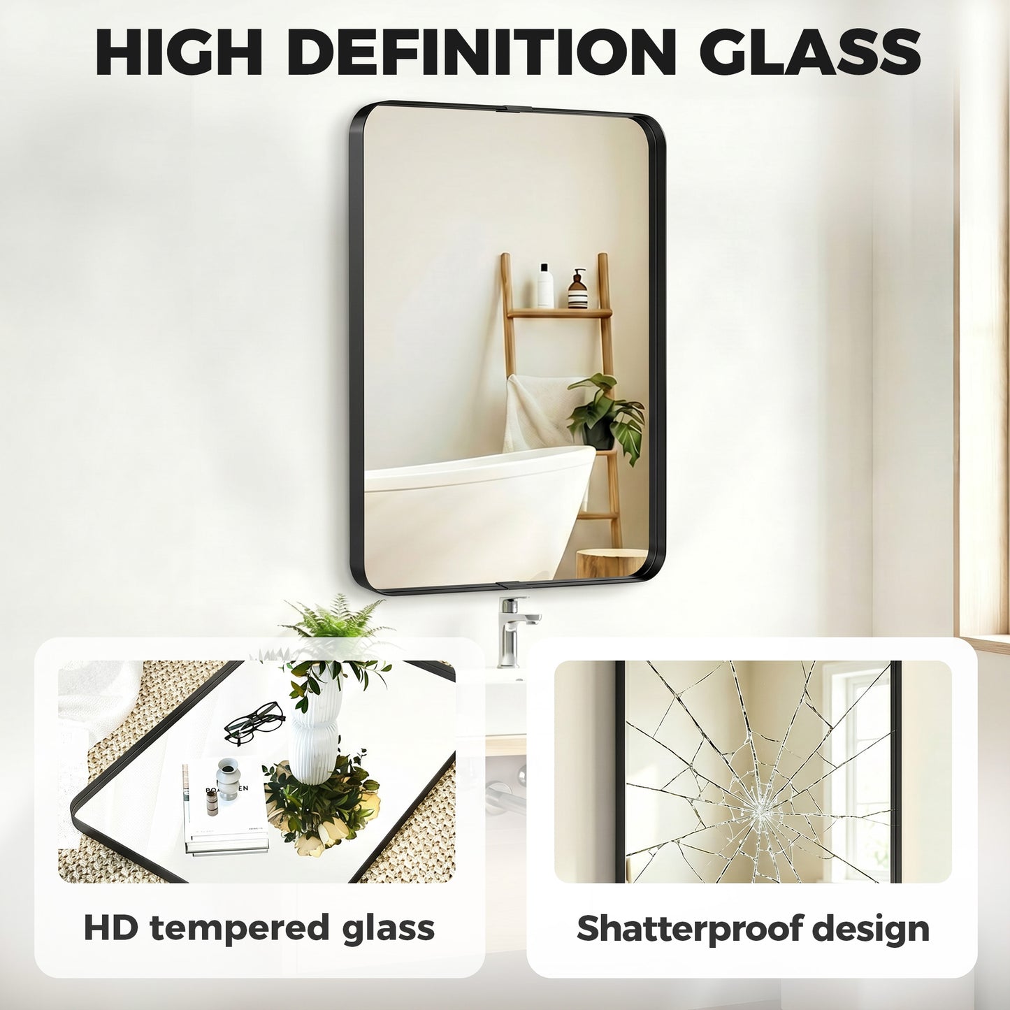 HOMCOM Rectangular Wall Mirror, 90 x 60 cm Wall Mounted Bathroom Mirror with Aluminium Alloy Frame and Tempered Glass, Black