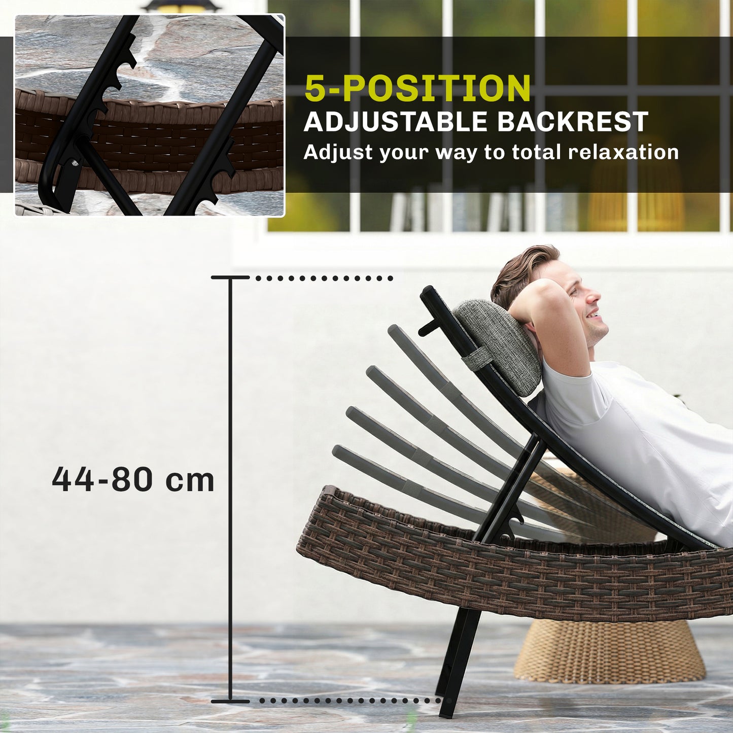 Outsunny Rattan Sun Lounger, Garden Recliner with 5 Position Adjustable Back, S Shaped Texteline Seat, Headrest, Brown