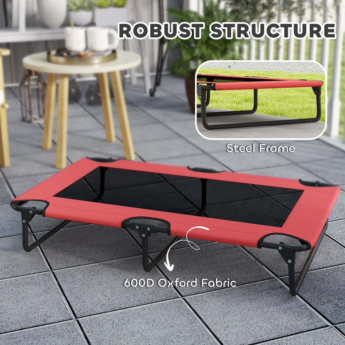 PawHut Portable Raised Dog Bed, Elevated Pet Cot with Breathable Mesh for Indoor Outdoor, for Large Dogs, Red