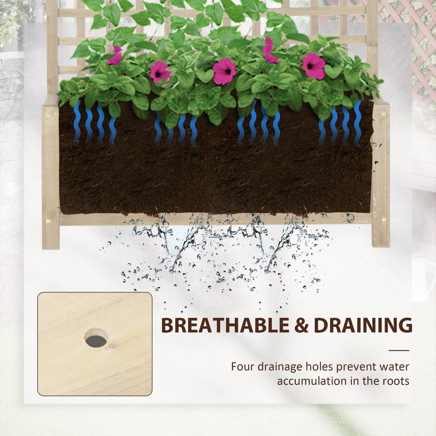Outsunny Raised Bed with Drainage Holes, Wood Planter with Trellis for Climbing Plants to Grow Vegetables, Flowers, Natural