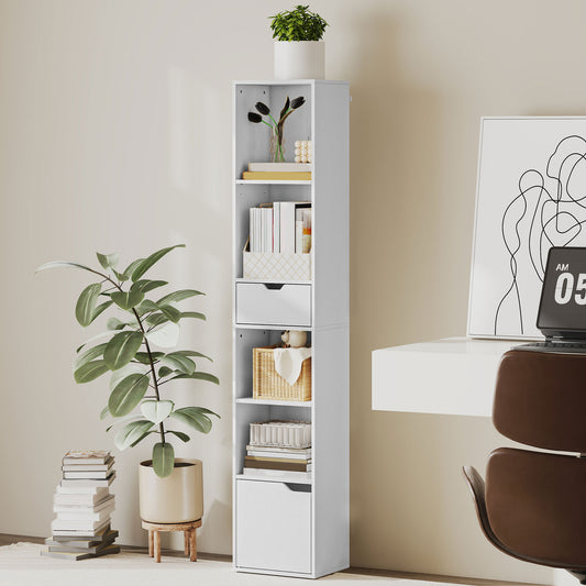 HOMCOM 6-Tier Bookcase, Tall Narrow Bookshelf with Drawer and Door - White