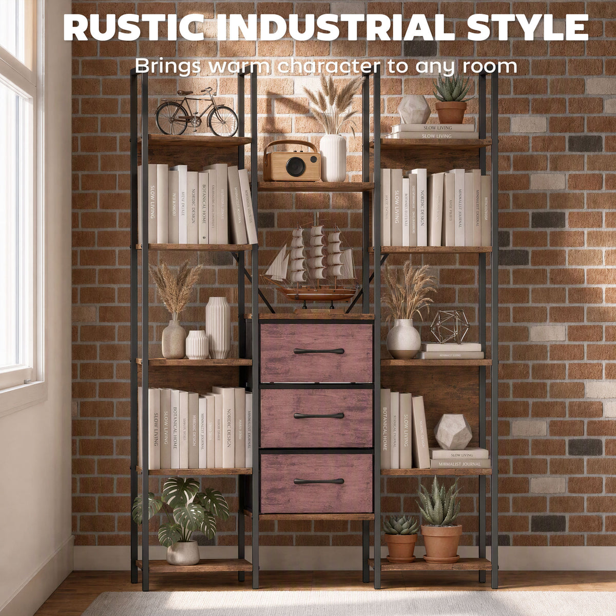HOMCOM Bookshelf with Drawers Bookcase Open Shelves Storage Unit Study Bedroom Living Room Rustic Brown
