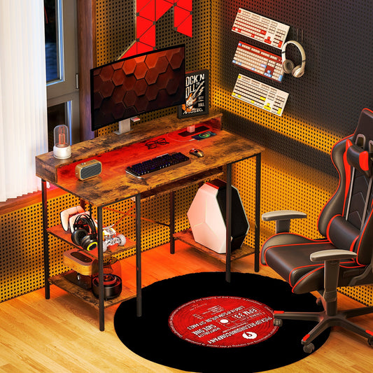 HOMCOM Computer Desk with LED Lights and Power Outlets, 120 x 55 cm Gaming Desk with Monitor Stand, Sliding Keyboard Tray and Storage Shelves for Home Office, Rustic Brown