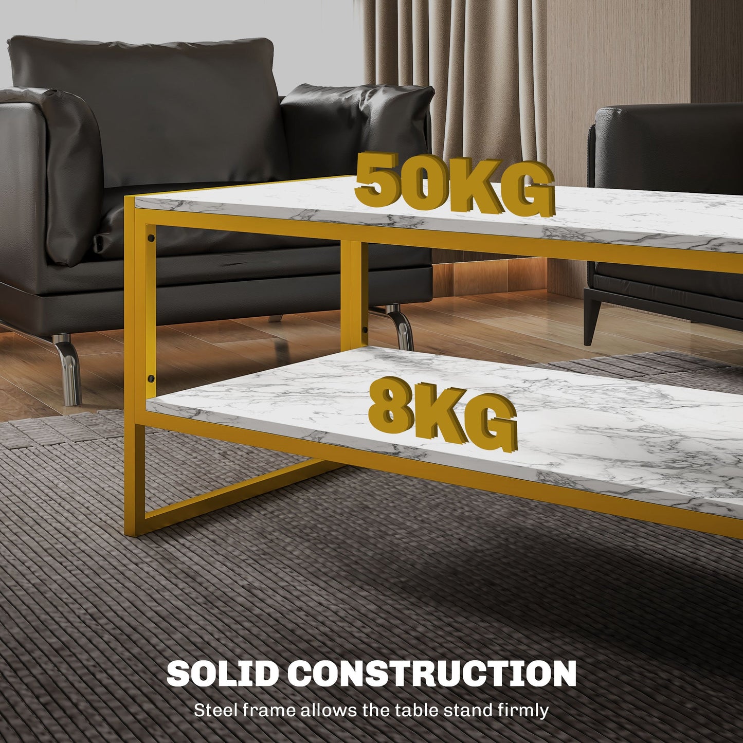 HOMCOM Coffee Table, Two-Tier Faux Marble Effect Centre Table with Metal Frame and Storage Shelf for Living Room, 106 x 50 x 45cm, White