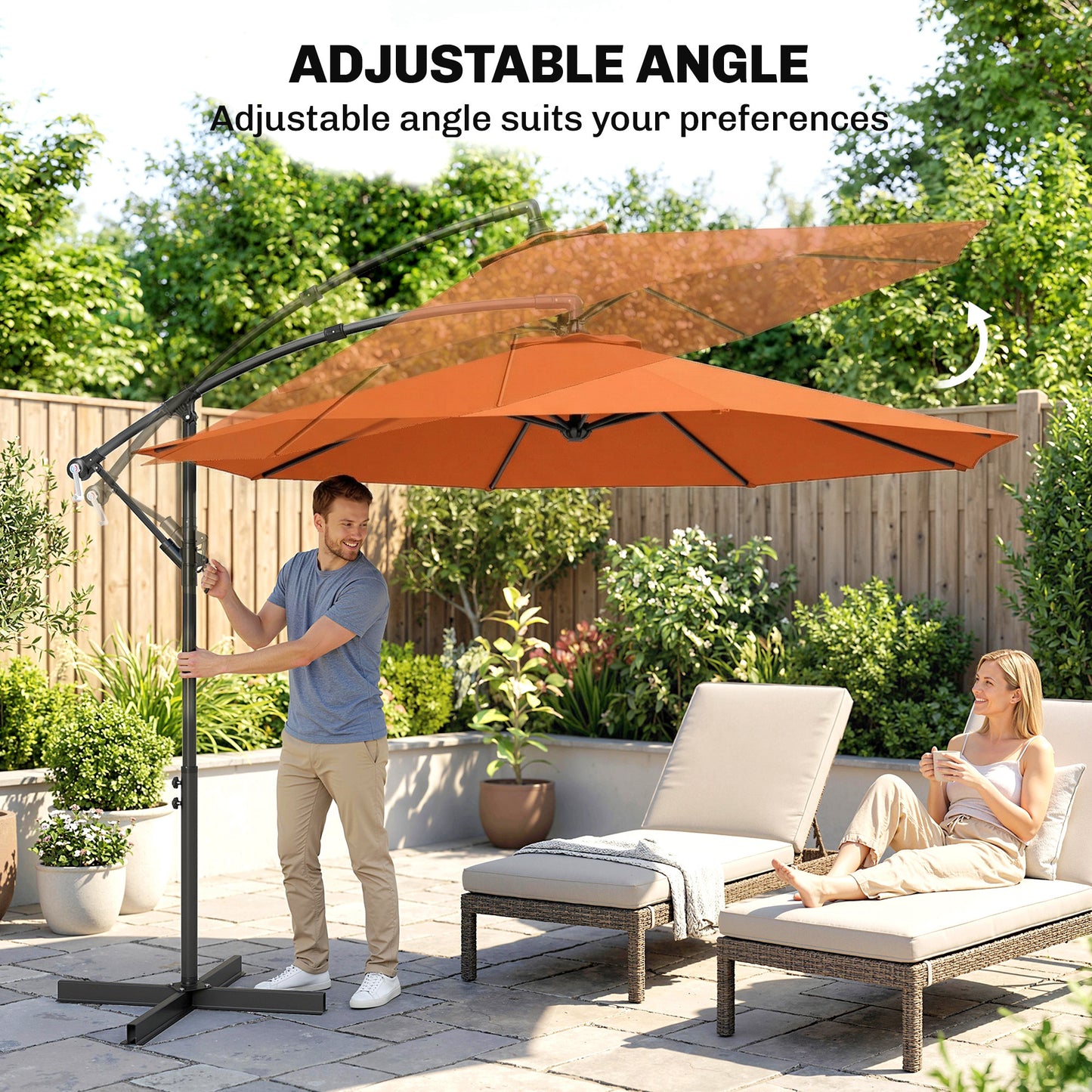 Outsunny 3 m Cantilever Parasol with Cross Base, Offset Outdoor Umbrella with Crank Handle, Hanging Sun Shade, Orange