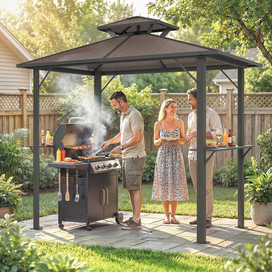 Outsunny 2.5 x 1.5 m Hardtop Grill Gazebo with Double Roof, Aluminium Outdoor BBQ Gazebo Shelter with 2 Side Shelves, Brown