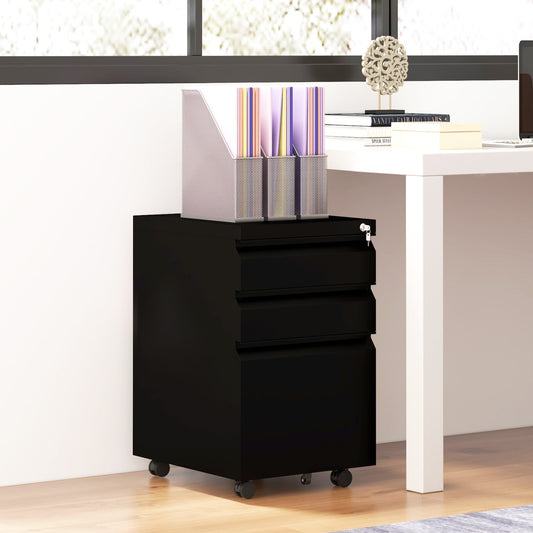 Vinsetto 3-Drawer Filing Cabinet with Lock, Mobile Steel File Cabinet for A4, Legal and Letter Size, Under Desk Drawers with Pre-Assembled Body for Home Office, 37 x 43.5 x 60 cm, Black