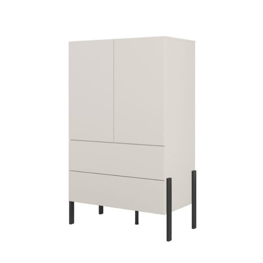 White cabinet with black legs on a white background