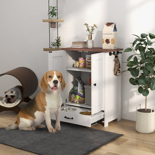 PawHut Pet Feeding Station with Raised Dog Bowls, Adjustable Panel, Hooks, White