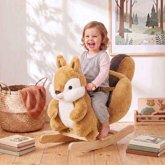 AIYAPLAY Rocking Horse, Stable Plush Ride on Horse Squirrel Design with Animal Sounds, Security Belt for Toddlers 1-3 Y, Brown