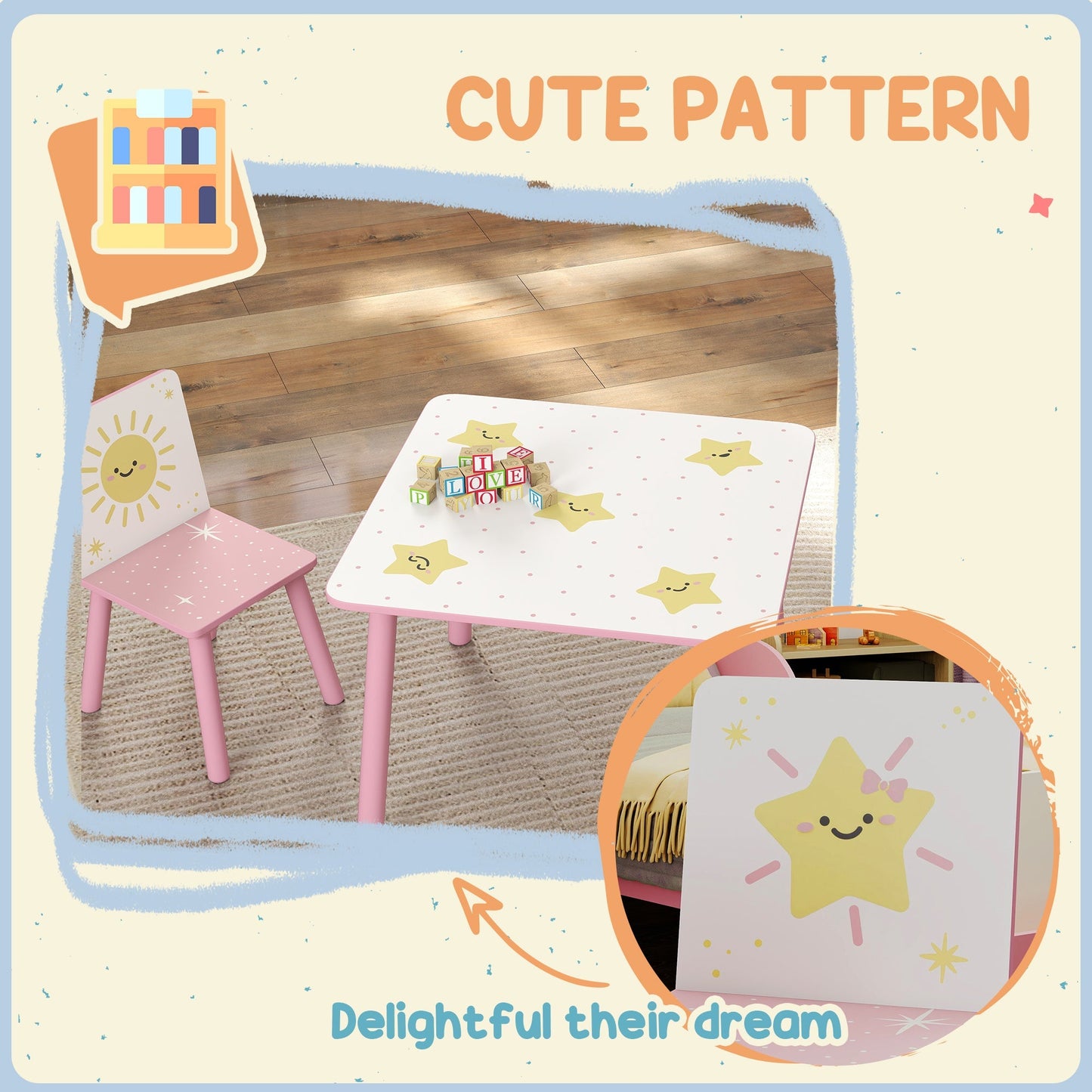 AIYAPLAY 3-Piece Toddler Table and Chair Set, Kids Table with 2 Chairs Set for Bedroom, Nursery, Playroom, Pink