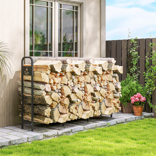 Outsunny 6.5 FT Steel Firewood Log Rack with 300 kg Capacity, Heavy Duty Indoor Outdoor Fireplace Wood Storage Shelf, Log Holder/Stand with Extra Support Legs, Decorative Bonfire Pattern, Black