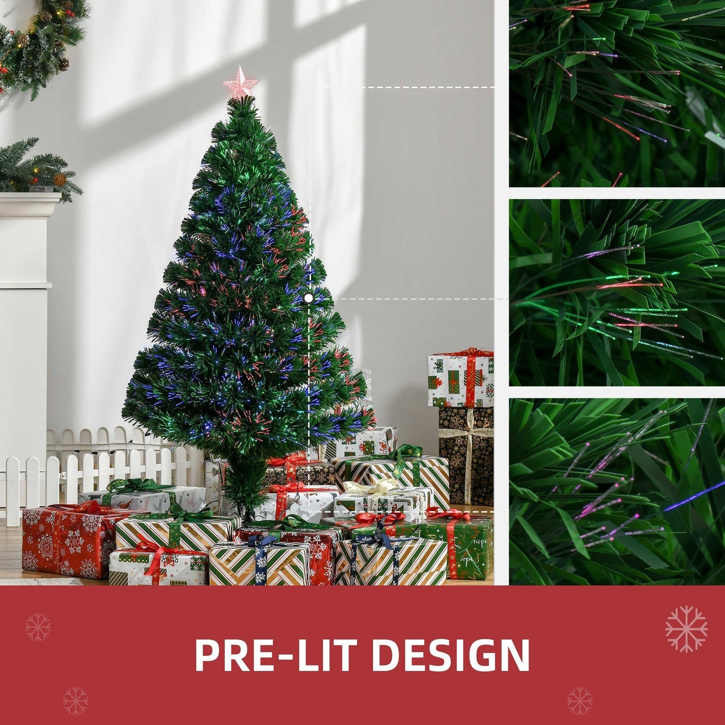HOMCOM 4FT Pre-Lit Fibre Optic Artificial Christmas Tree Holiday Xmas Decor with Tree Topper Multi-Colour