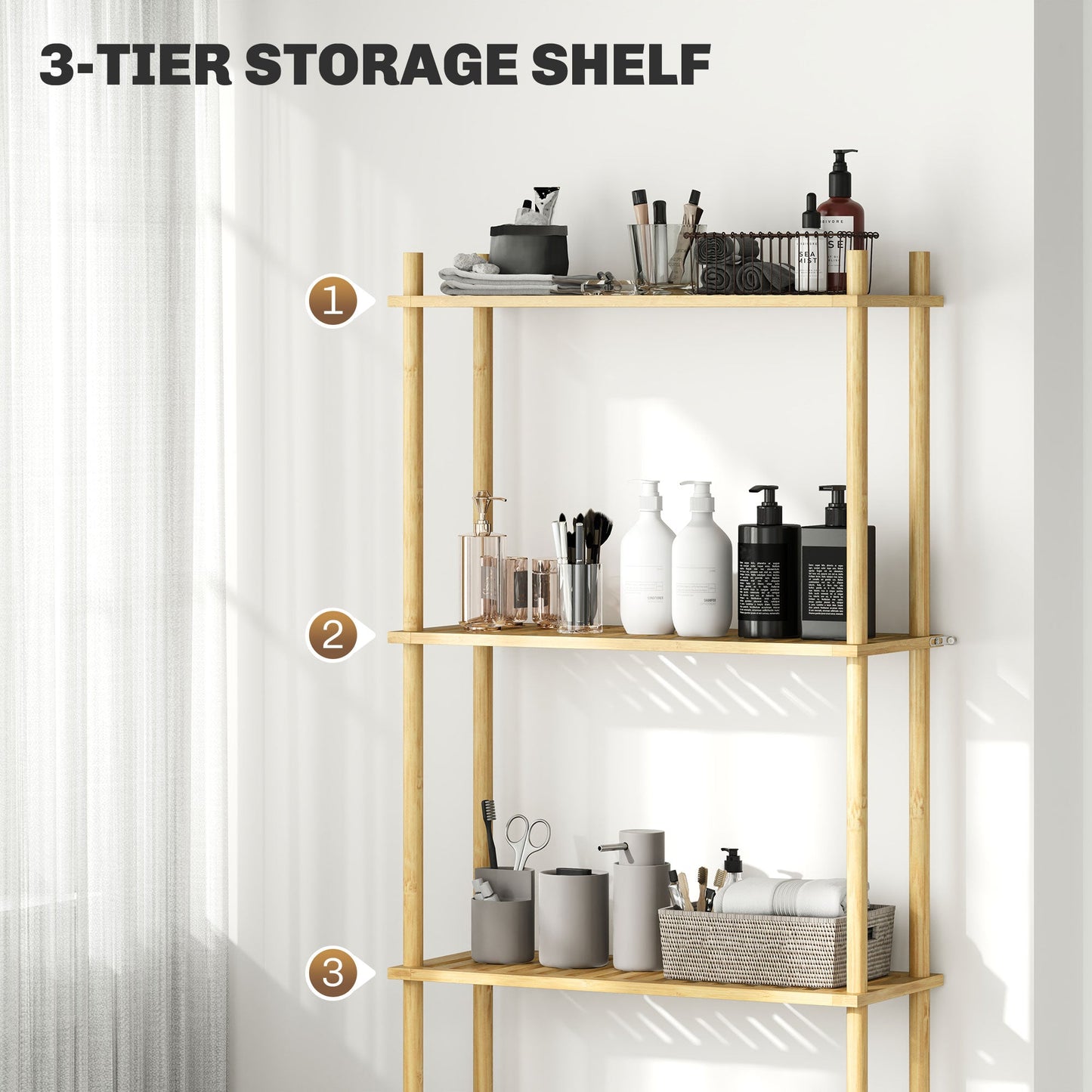 HOMCOM Bamboo Over Toilet Storage Unit with 3 Slatted Shelves, 3-Tier Freestanding Bathroom Shelf, Bathroom Space Saver, Natural Wood Finish