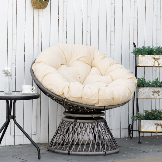 Outsunny 360° Swivel Rattan Moon Bowl Chair Round Lounge Garden Wicker Basket Seat with Padded Cushion Oversized for Outdoor Indoor, Beige