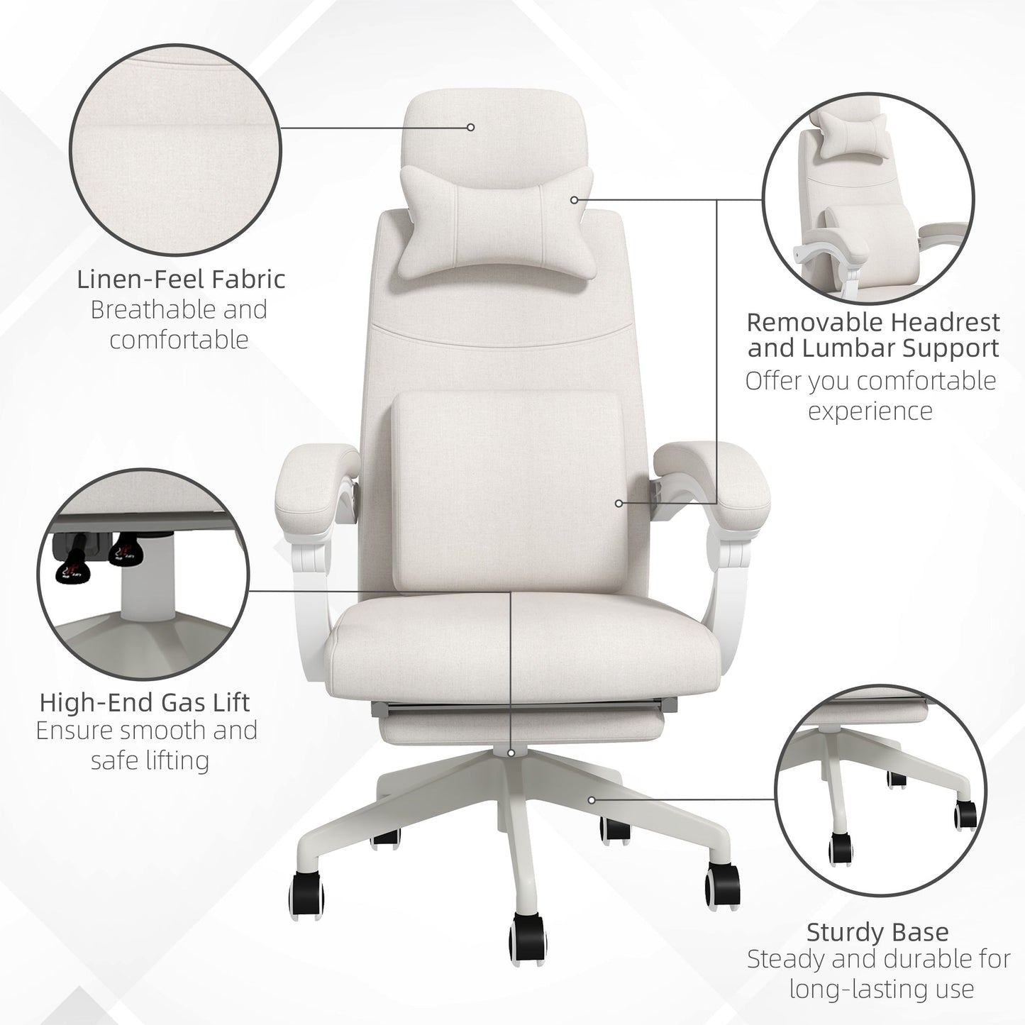 Vinsetto Linen-Look Office Chair, with 160 Reclining Back and Footrest - White