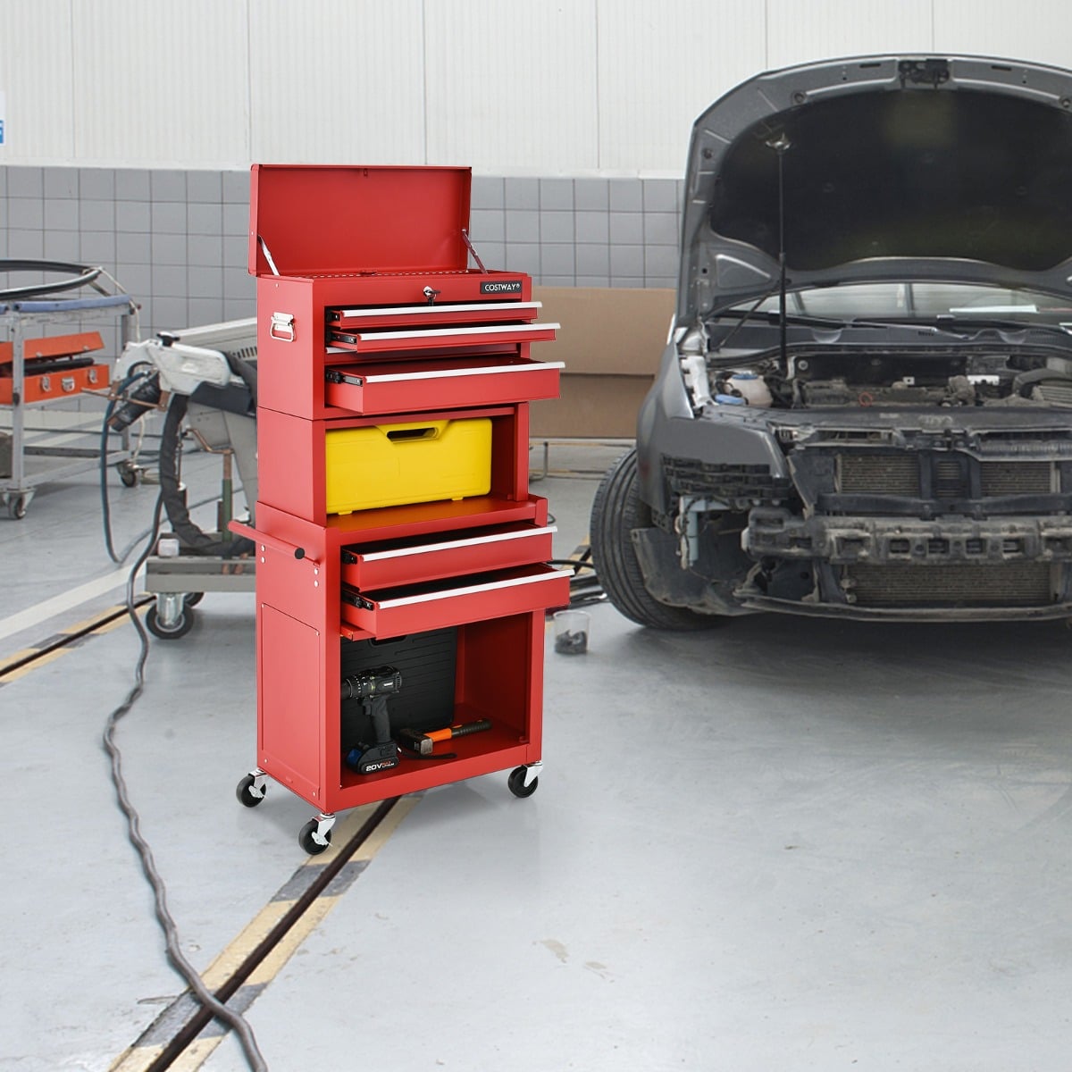 2-In-1 High Capacity Rolling Tool Chest with Handle & 4 Wheels for Garage-Red