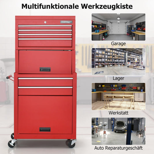 2-In-1 High Capacity Rolling Tool Chest with Handle & 4 Wheels for Garage-Red