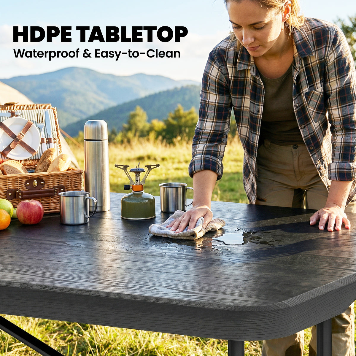 Outsunny 5 Piece 6ft Foldable Table and Chairs, Portable Picnic Table Set with 4 Chairs, Waterproof Top and Steel Frame, Black