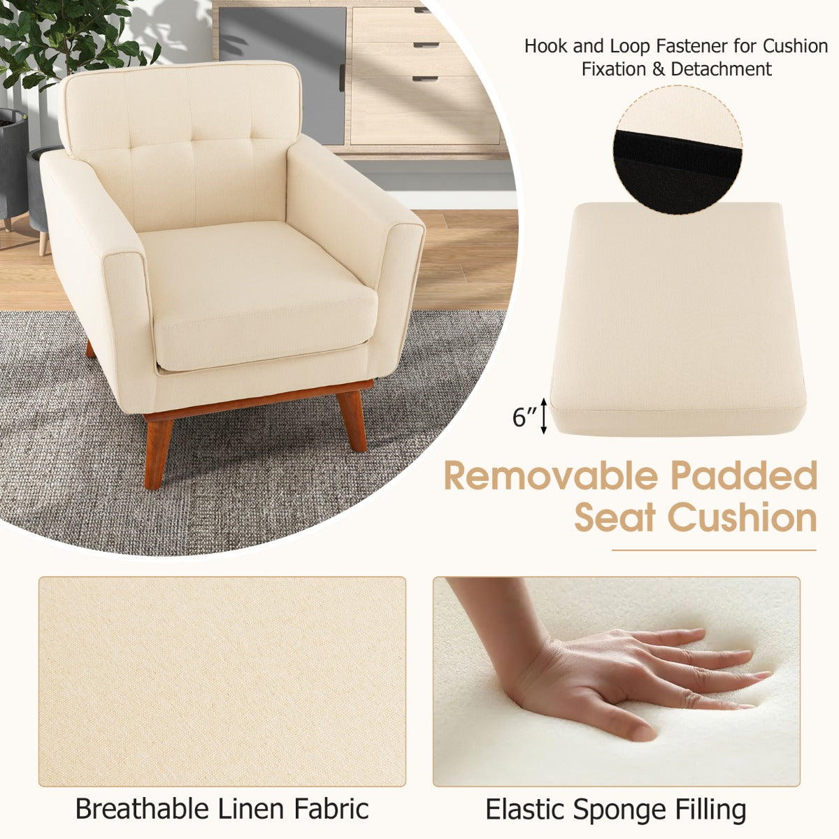 Modern Accent Chair Upholstered Linen Fabric Armchair with Removable Padded Seat Cushion-Beige