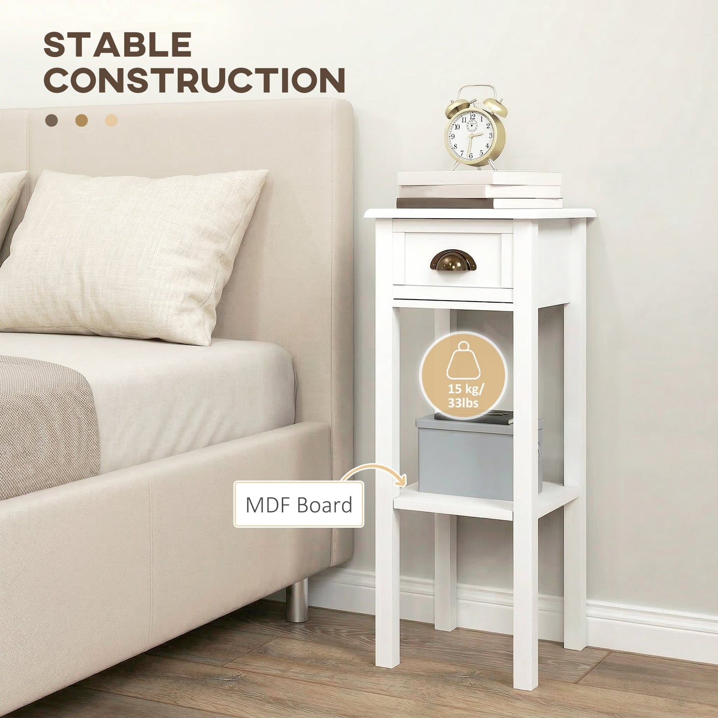 HOMCOM 2-Tier Side Tables Set of 2 with Drawer and Shelf, 2 Pieces Bedside Tables for Living Room and Hallway, White