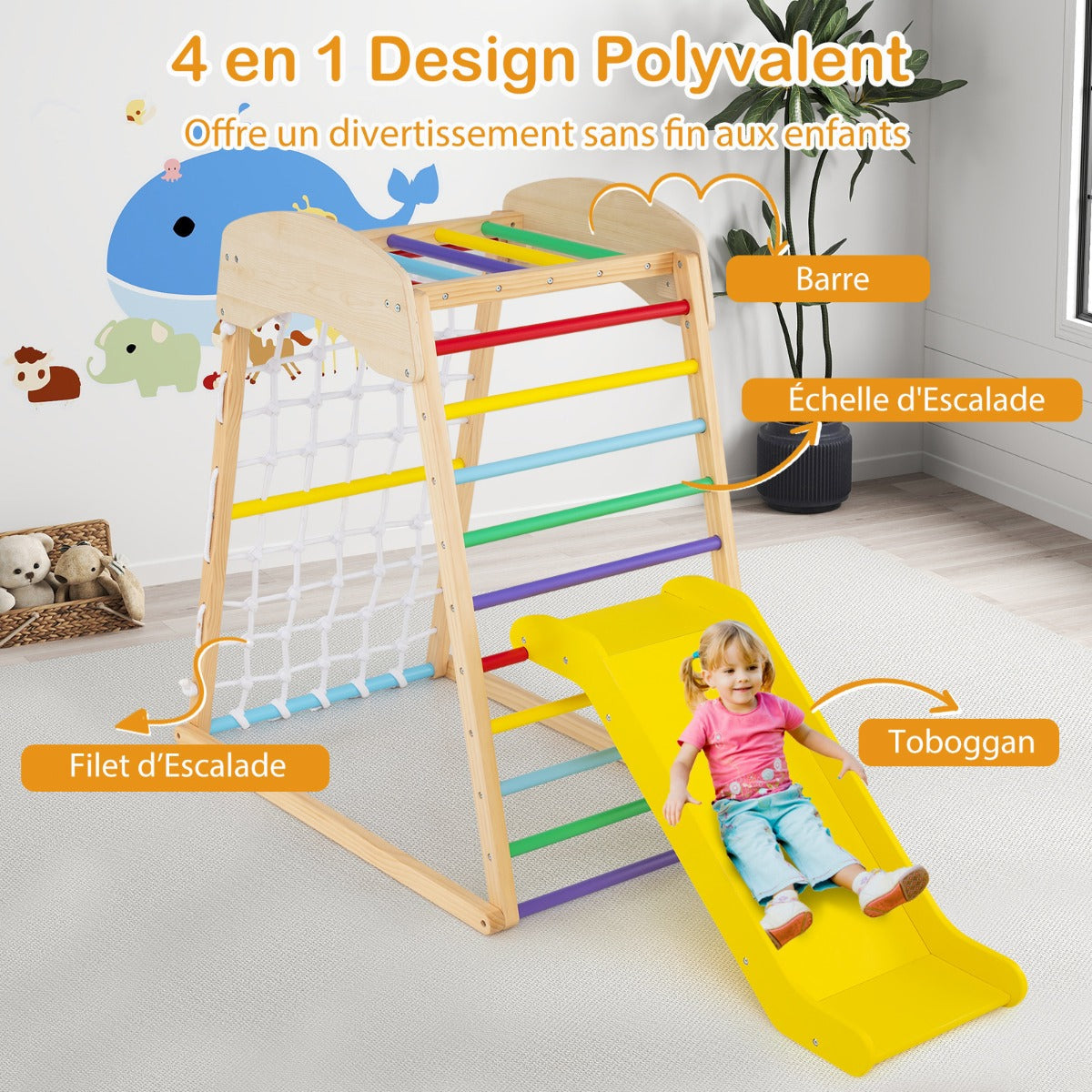 6 in 1 Pull Up Bar & Slide & Climbing Rock & Climbing Net & Ladder & Tunnel Climbing Frame Colorful